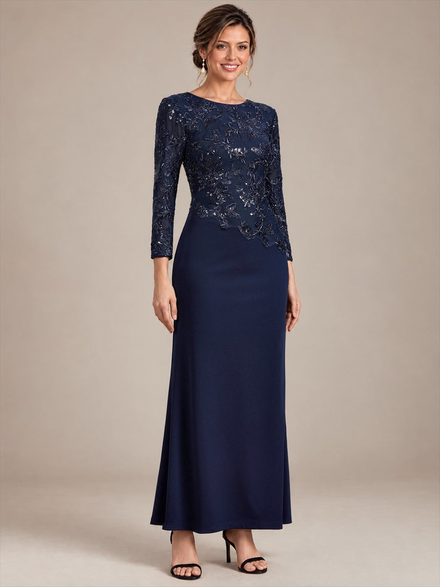 Sequin Fitted Sleeve Mother of the Bride Dress #color_Navy Blue
