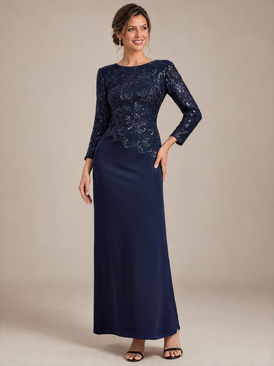 Sequin Fitted Sleeve Mother of the Bride Dress #color_Navy Blue