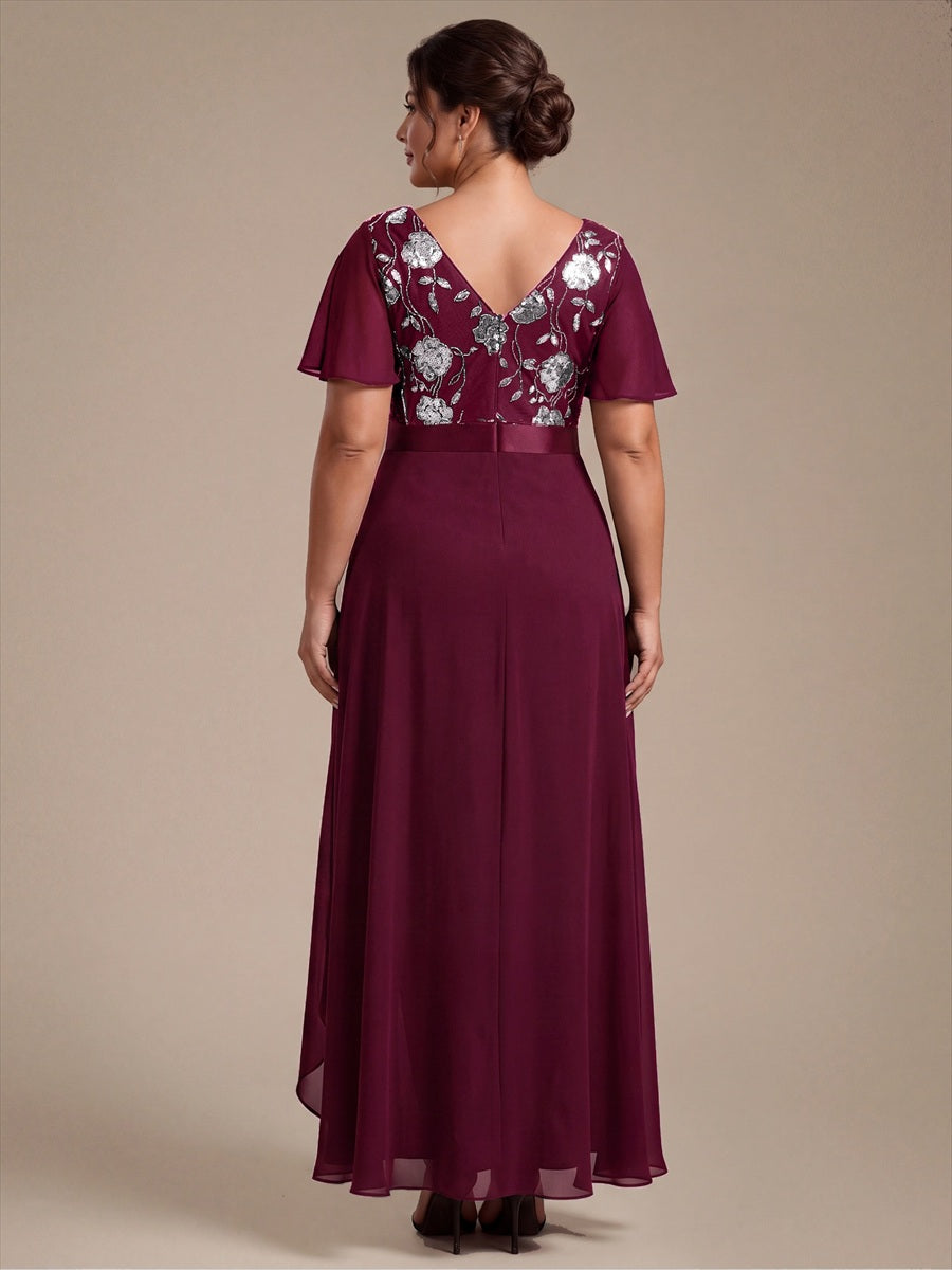Plus Size Sequin Chiffon Mother of the Bride Dress #color_Burgundy