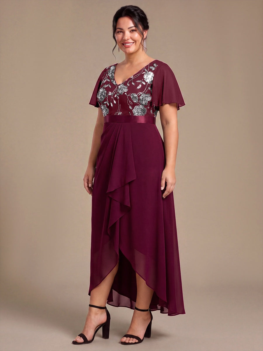 Plus Size Sequin Chiffon Mother of the Bride Dress #color_Burgundy
