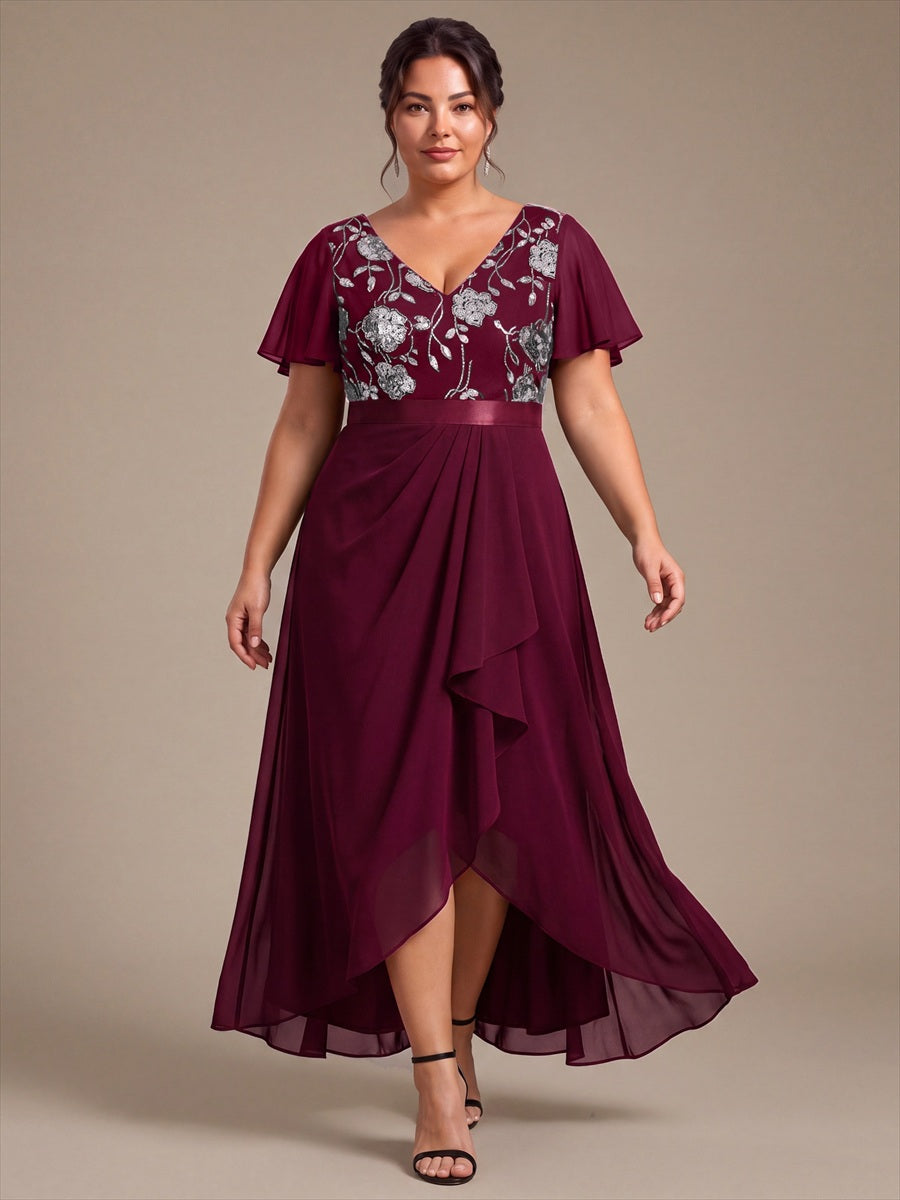 Sequin Chiffon Ruffle Sleeve Mother of the Bride Dress #color_Burgundy