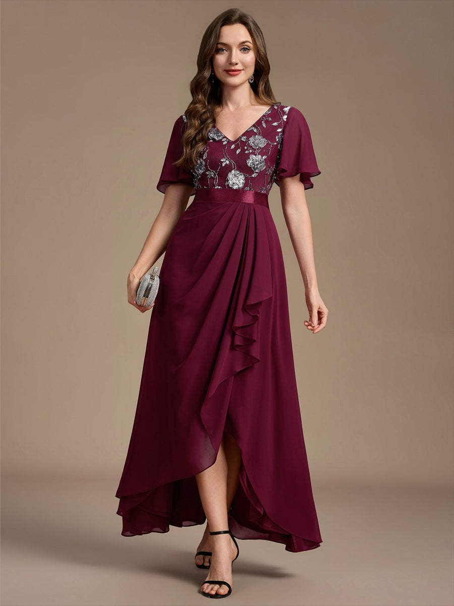 Sequin Chiffon Ruffle Sleeve Mother of the Bride Dress #color_Burgundy