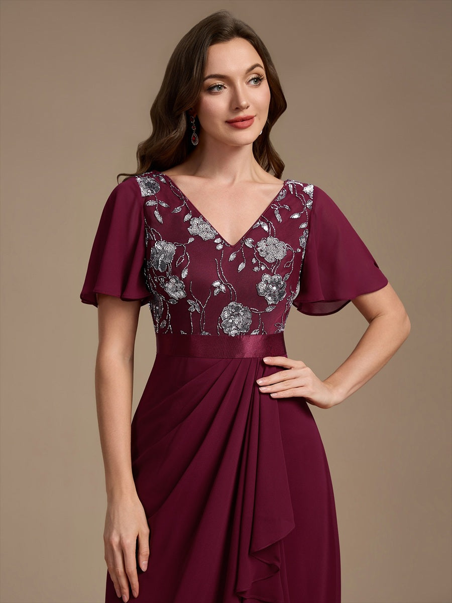 Sequin Chiffon Ruffle Sleeve Mother of the Bride Dress #color_Burgundy