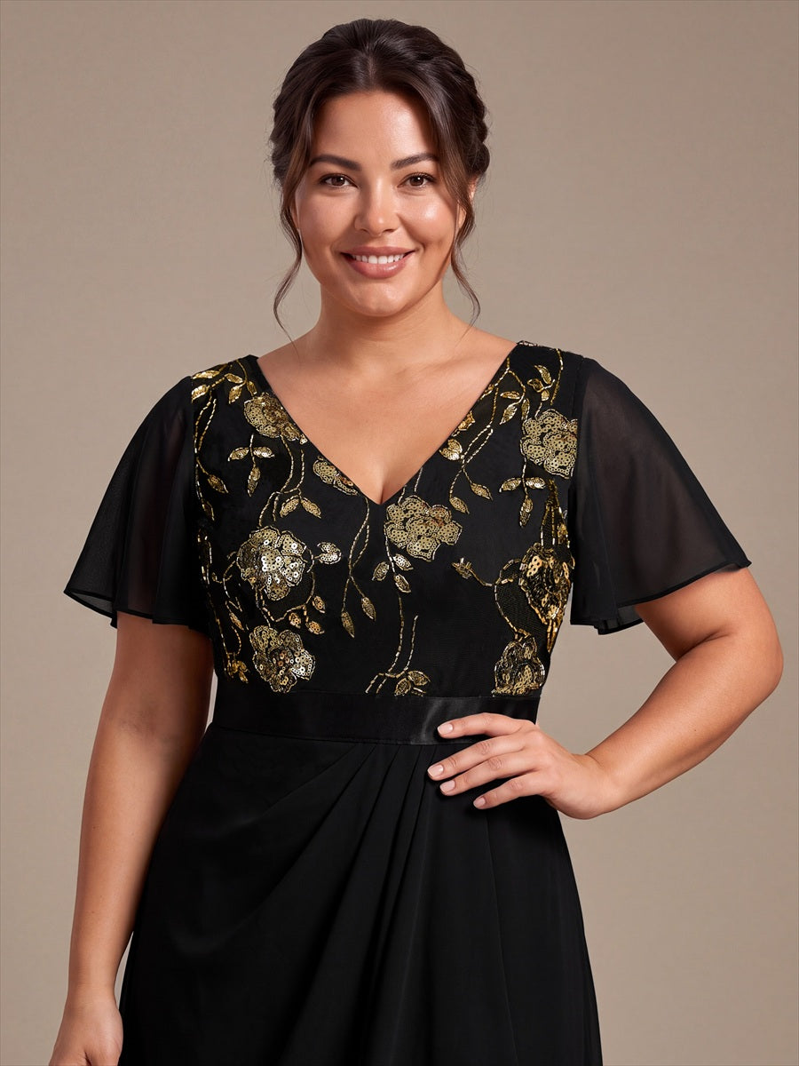 Sequin Chiffon Ruffle Sleeve Mother of the Bride Dress #color_Black & Gold
