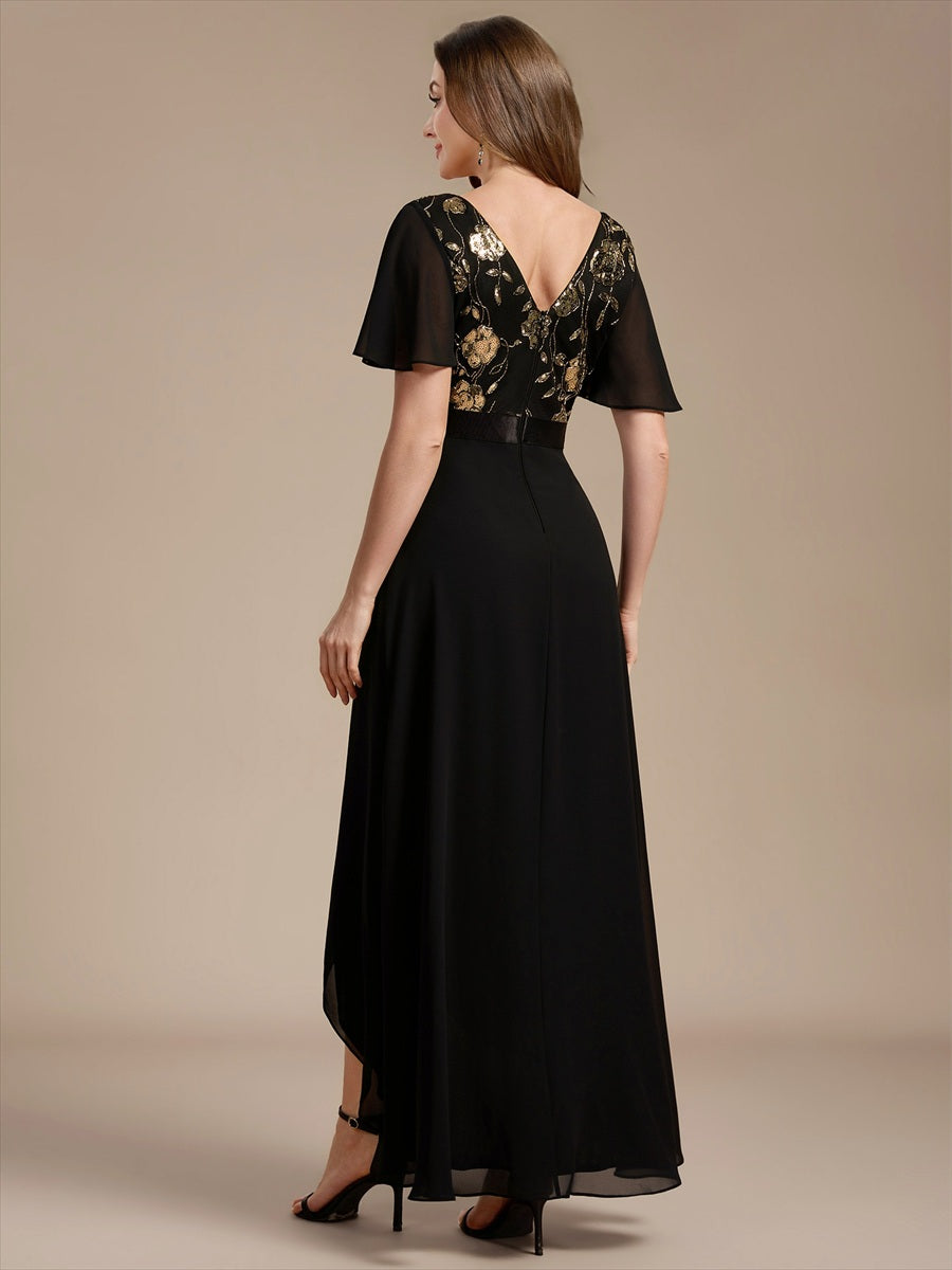Sequin Chiffon Ruffle Sleeve Mother of the Bride Dress #color_Black & Gold