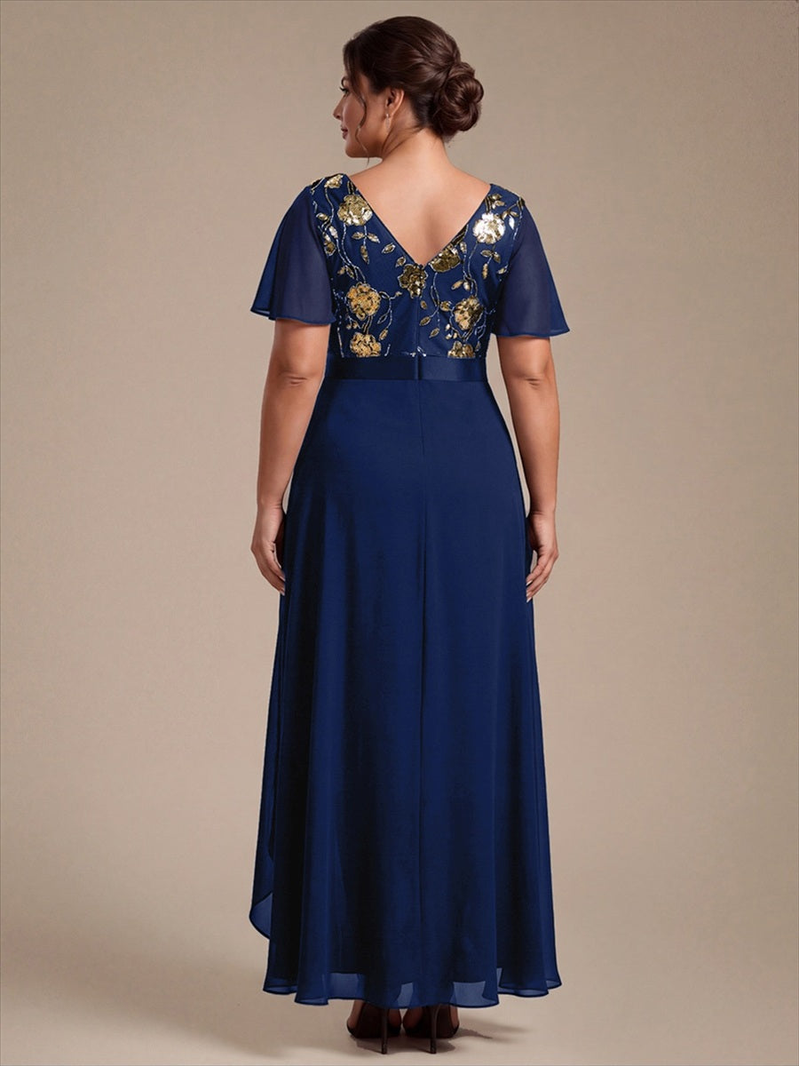 Sequin Chiffon Ruffle Sleeve Mother of the Bride Dress #color_Navy Blue
