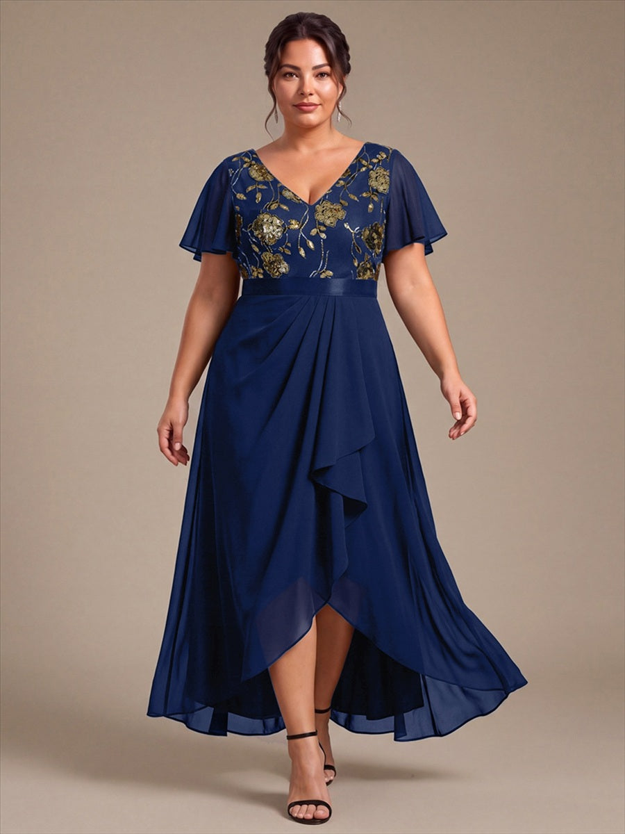 Sequin Chiffon Ruffle Sleeve Mother of the Bride Dress #color_Navy Blue