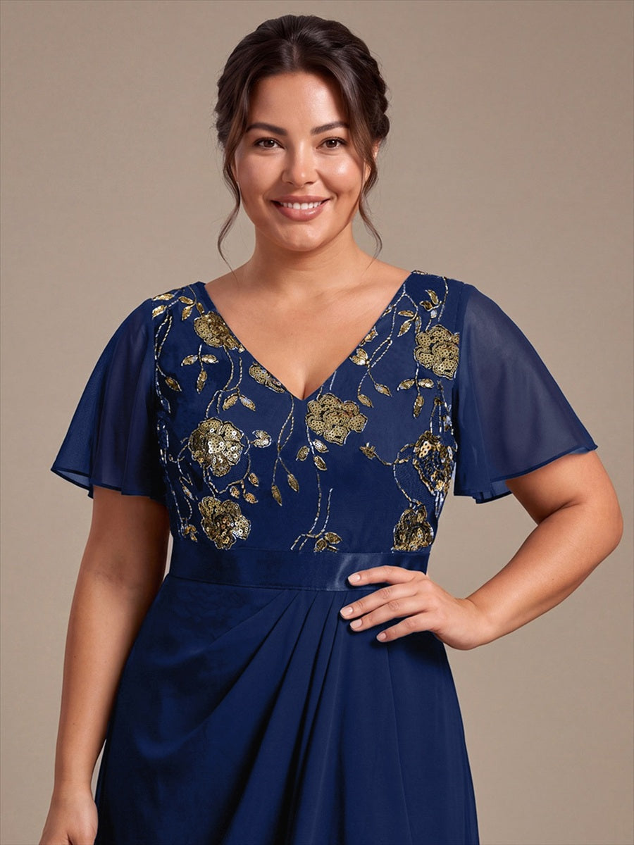 Plus Size Sequin Chiffon Mother of the Bride Dress #color_Navy Blue