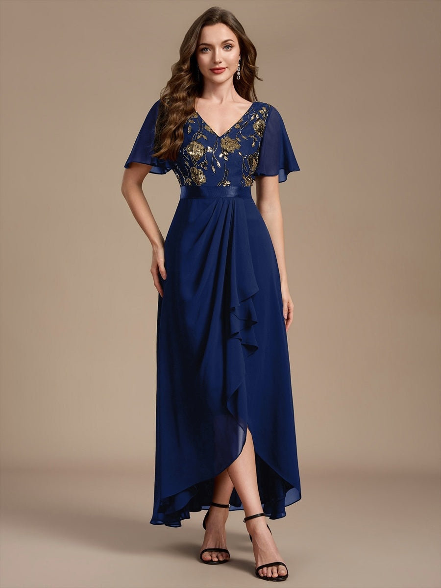 Sequin Chiffon Ruffle Sleeve Mother of the Bride Dress #color_Navy Blue