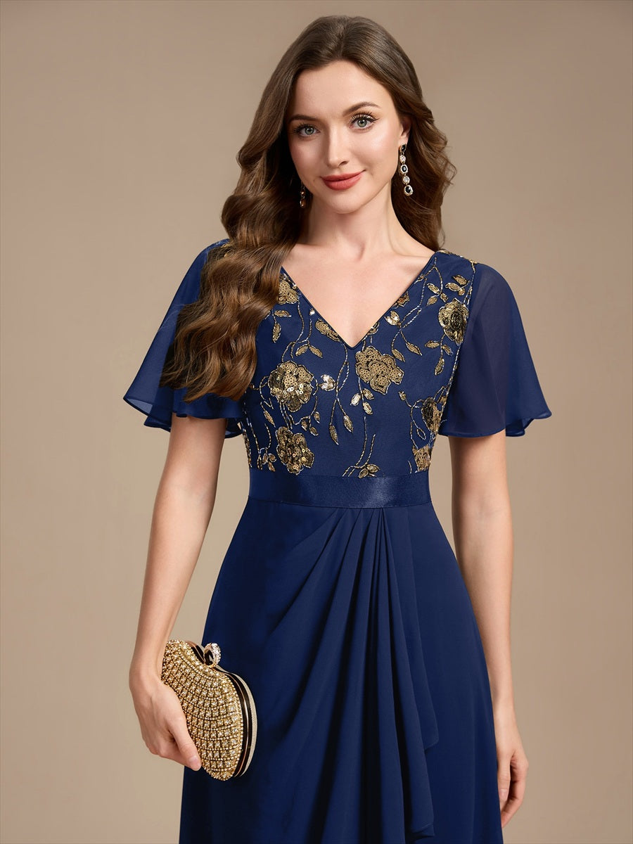 Sequin Chiffon Ruffle Sleeve Mother of the Bride Dress #color_Navy Blue