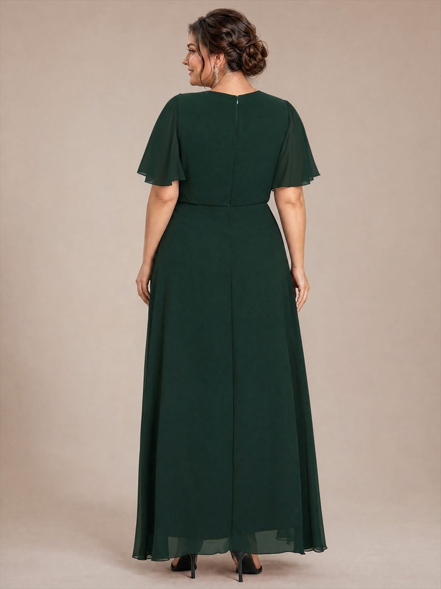 Plus Size See-through Ruffle Sleeve Mother of the Bride Dress #color_Dark Forest Green