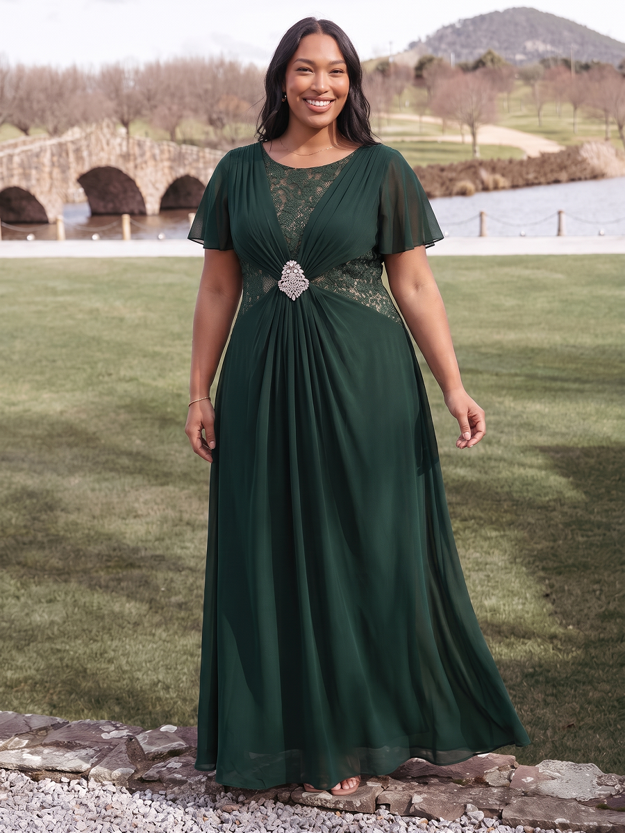 Plus Size See-through Ruffle Sleeve Mother of the Bride Dress #color_Dark Forest Green