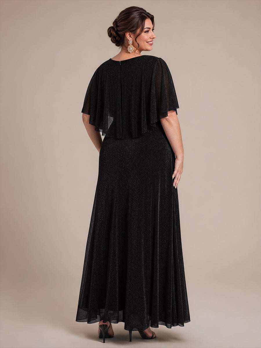 Plus Size Lurex Mesh Shawl Sleeve Mother of the Bride Dress #color_Black