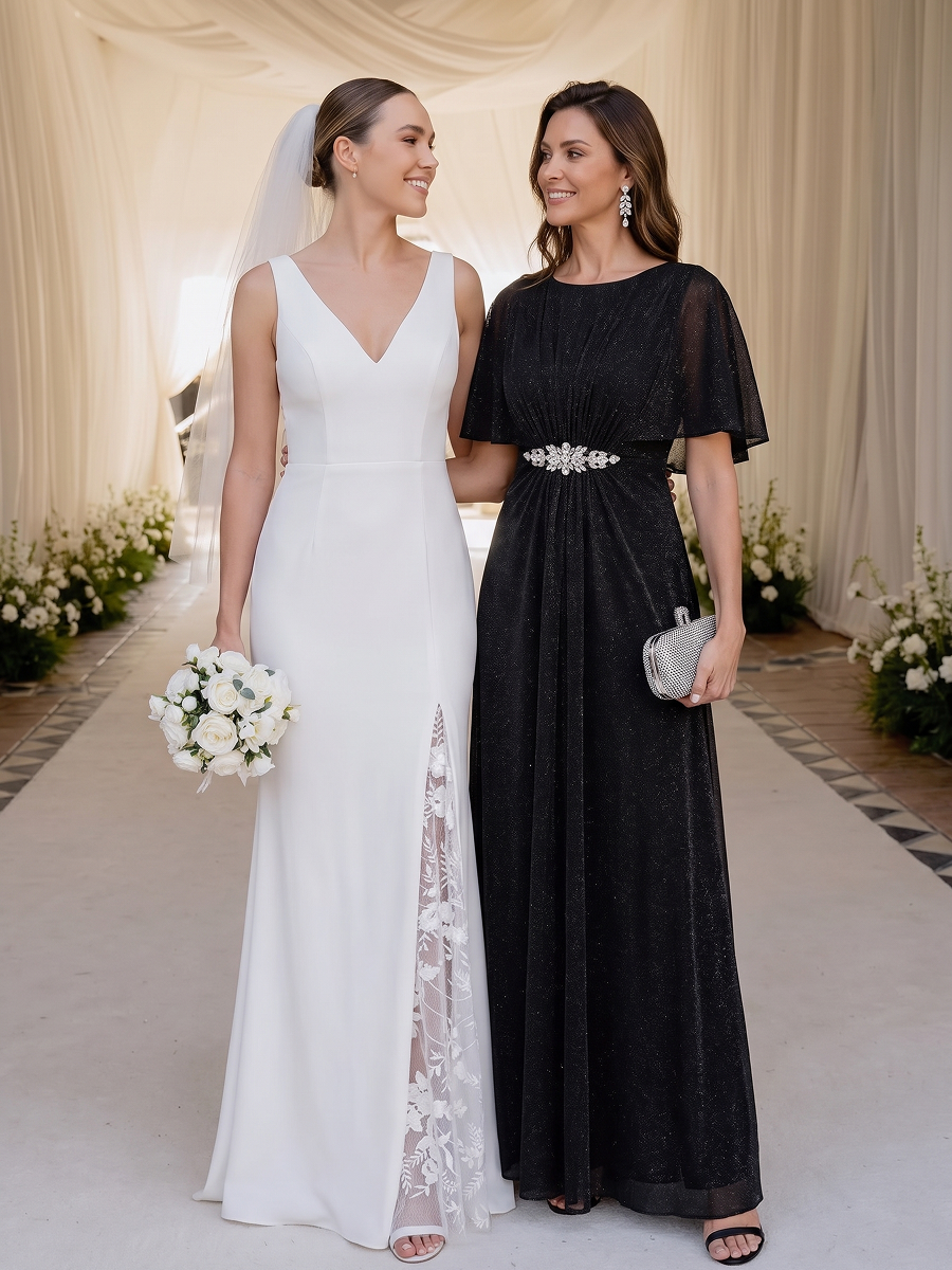 Lurex Mesh Cape Sleeve A-Line Mother of the Bride Dress #color_Black
