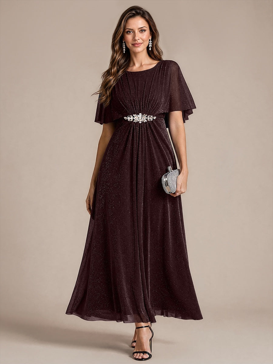 Lurex Mesh Cape Sleeve A-Line Mother of the Bride Dress #color_Mahogany Brown