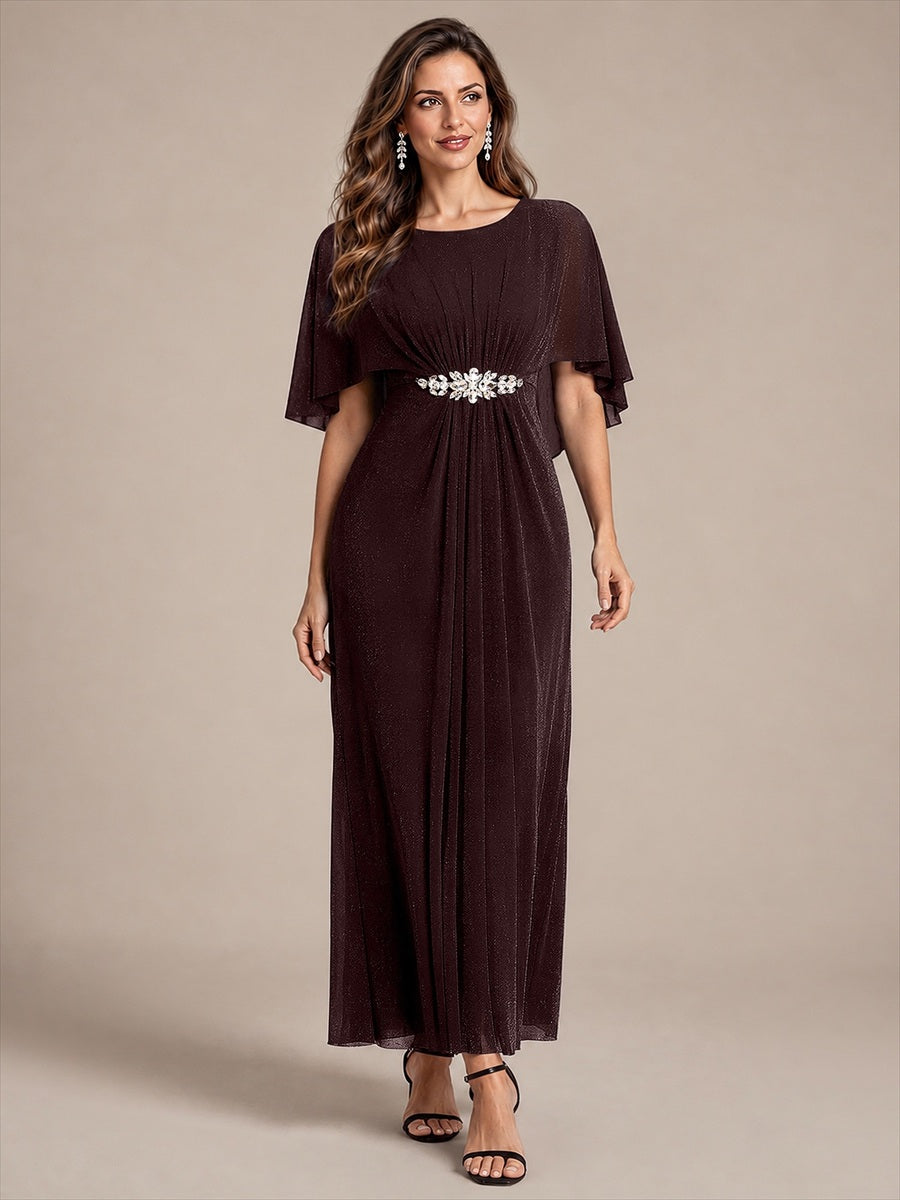 Lurex Mesh Cape Sleeve A-Line Mother of the Bride Dress #color_Mahogany Brown