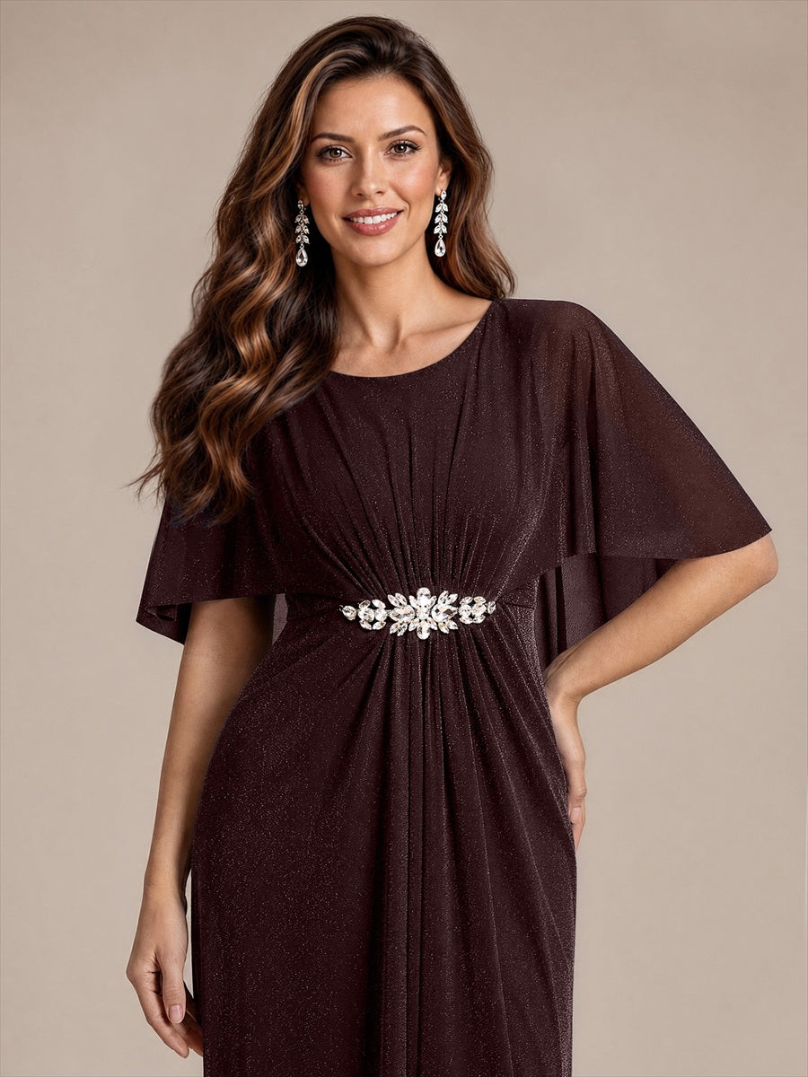 Lurex Mesh Cape Sleeve A-Line Mother of the Bride Dress #color_Mahogany Brown