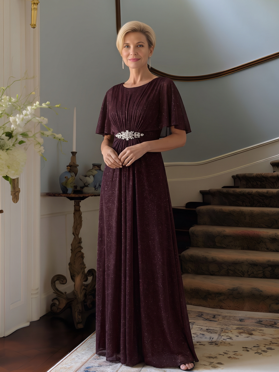 Lurex Mesh Cape Sleeve A-Line Mother of the Bride Dress #color_Mahogany Brown