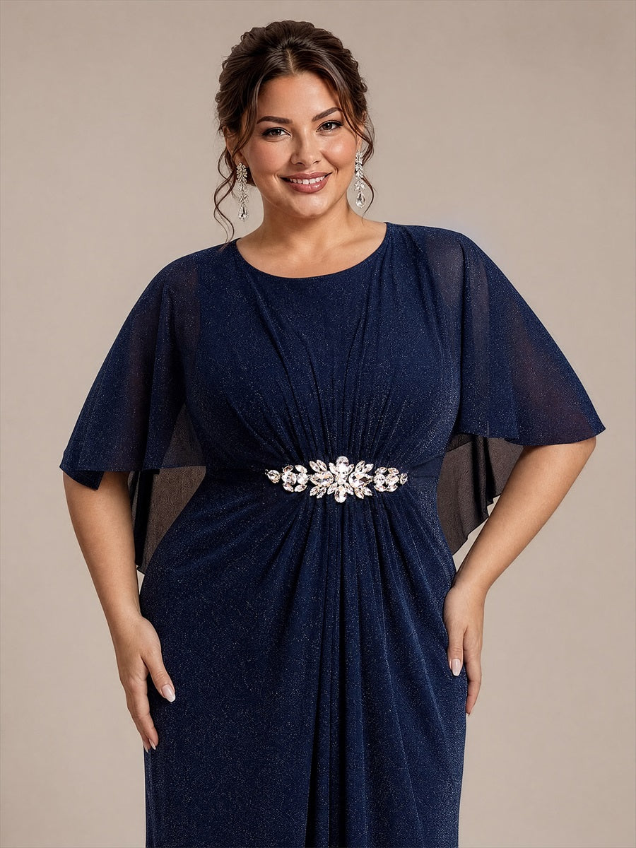 Lurex Mesh Cape Sleeve A-Line Mother of the Bride Dress #color_Navy Blue