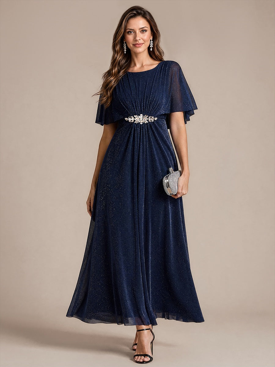 Lurex Mesh Cape Sleeve A-Line Mother of the Bride Dress #color_Navy Blue
