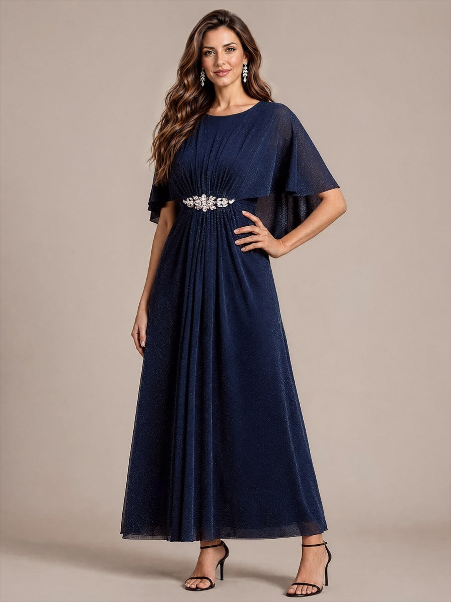 Lurex Mesh Cape Sleeve A-Line Mother of the Bride Dress #color_Navy Blue