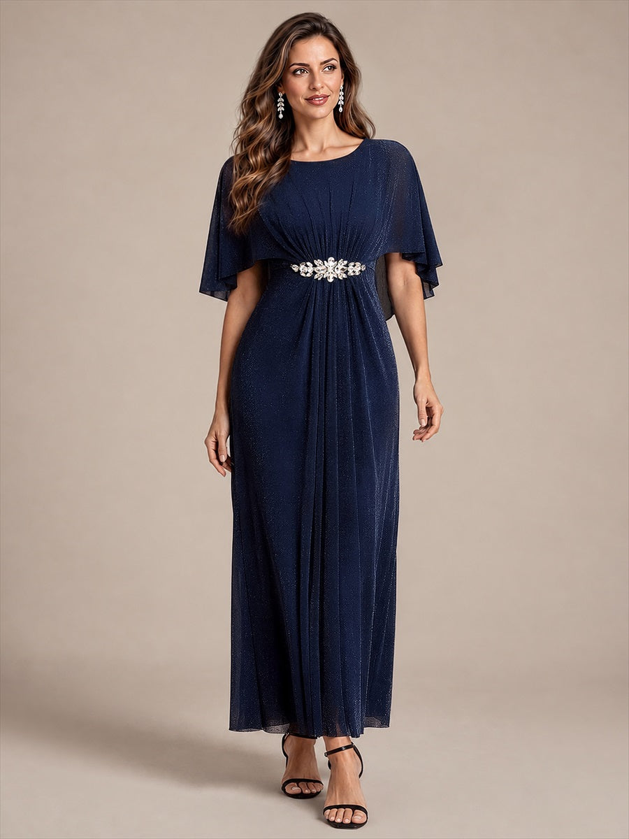 Lurex Mesh Cape Sleeve A-Line Mother of the Bride Dress #color_Navy Blue