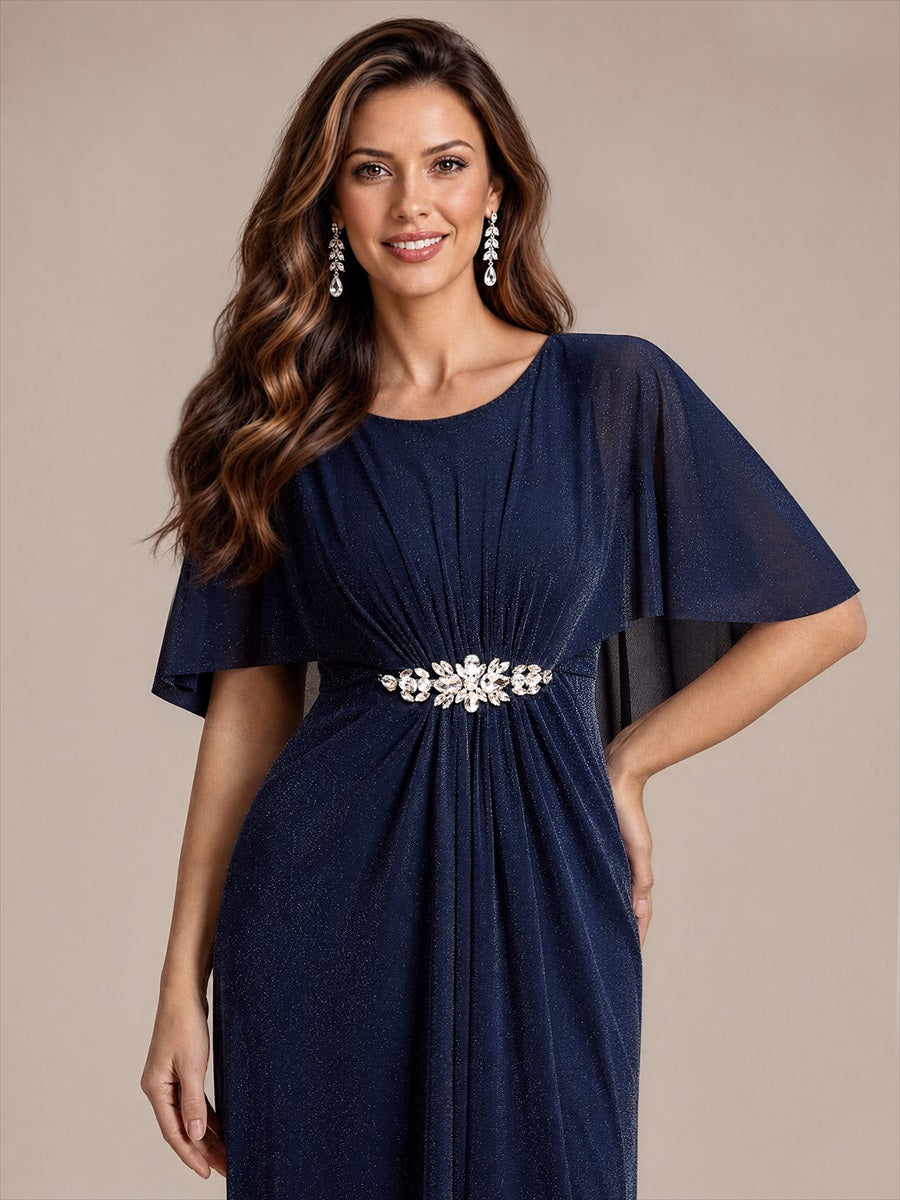 Lurex Mesh Cape Sleeve A-Line Mother of the Bride Dress #color_Navy Blue