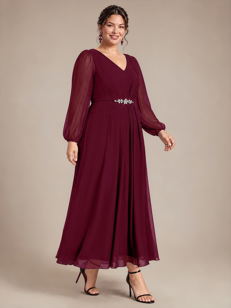 Pleating Chiffon Puff Sleeve Mother of the Bride Dress #color_Burgundy