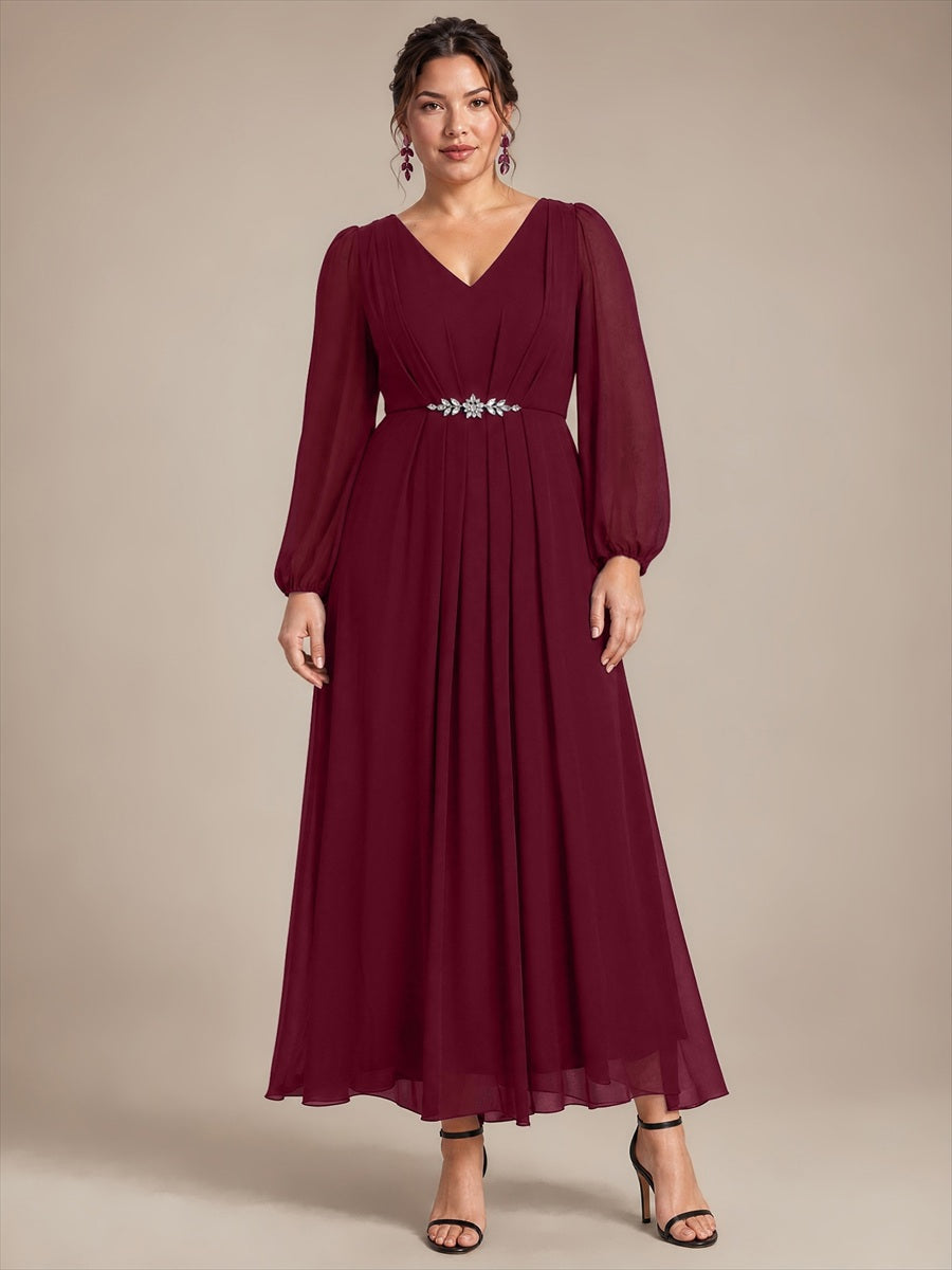 Plus Size Pleating Chiffon Mother of the Bride Dress #color_Burgundy