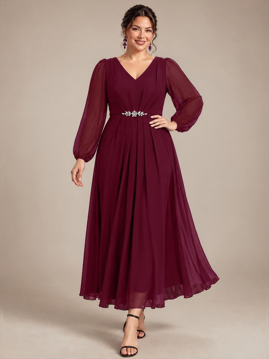 Plus Size Pleating Chiffon Mother of the Bride Dress #color_Burgundy