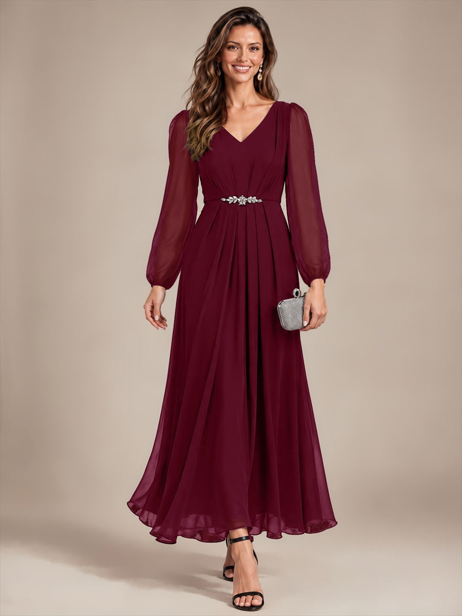 Pleating Chiffon Puff Sleeve Mother of the Bride Dress #color_Burgundy