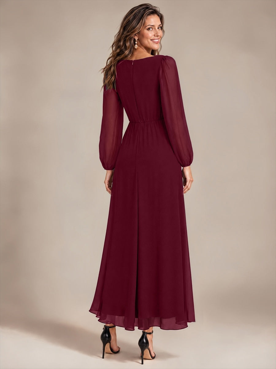Pleating Chiffon Puff Sleeve Mother of the Bride Dress #color_Burgundy