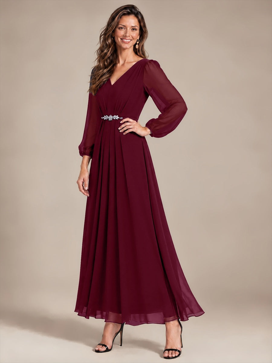 Pleating Chiffon Puff Sleeve Mother of the Bride Dress #color_Burgundy