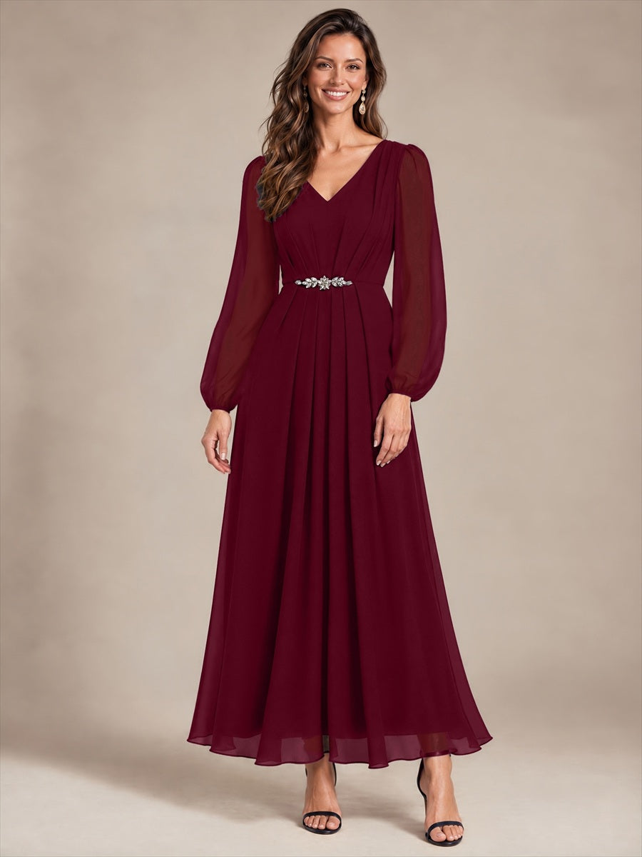 Pleating Chiffon Puff Sleeve Mother of the Bride Dress #color_Burgundy