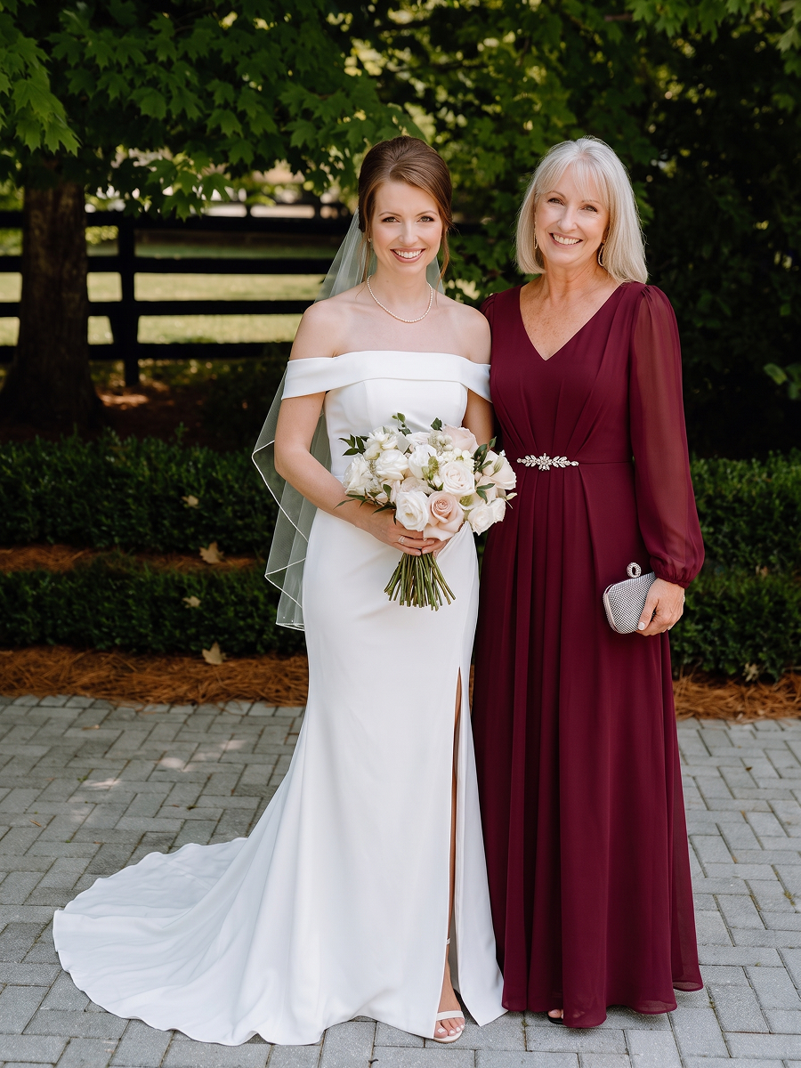 Pleating Chiffon Puff Sleeve Mother of the Bride Dress #color_Burgundy