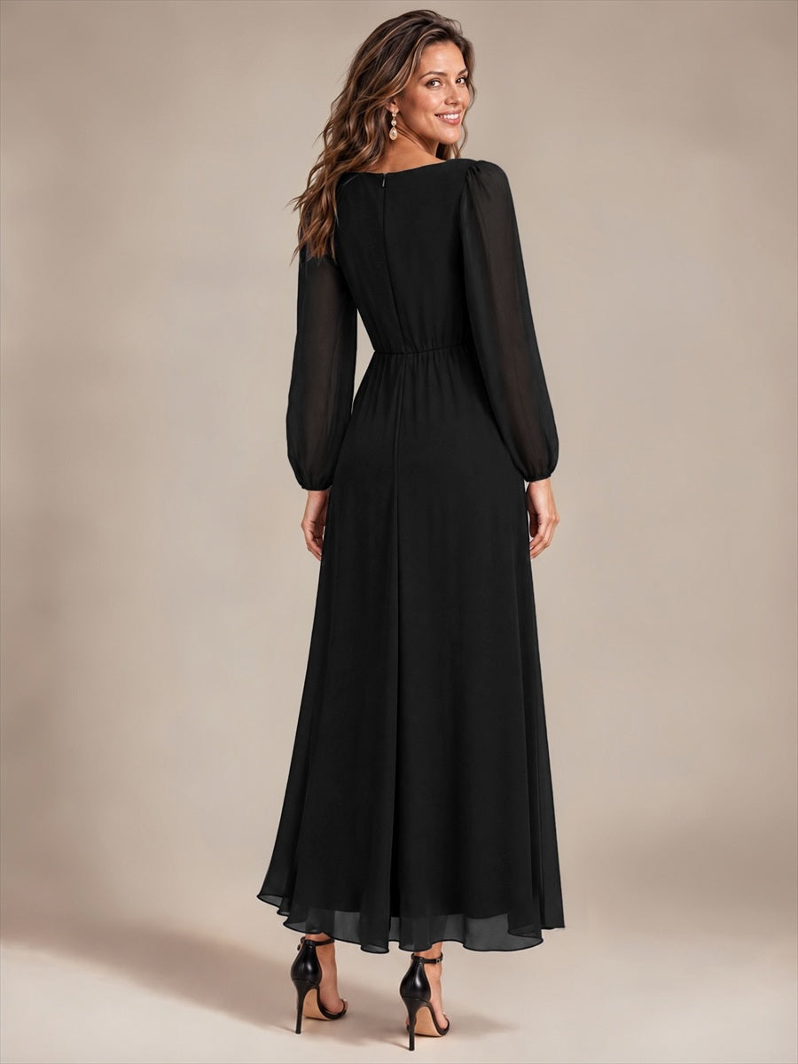 Pleating Chiffon Puff Sleeve Mother of the Bride Dress #color_Black