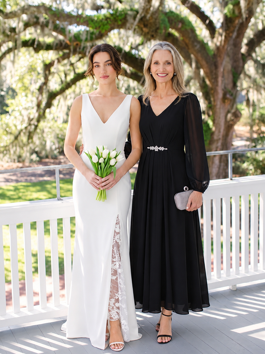 Pleating Chiffon Puff Sleeve Mother of the Bride Dress #color_Black