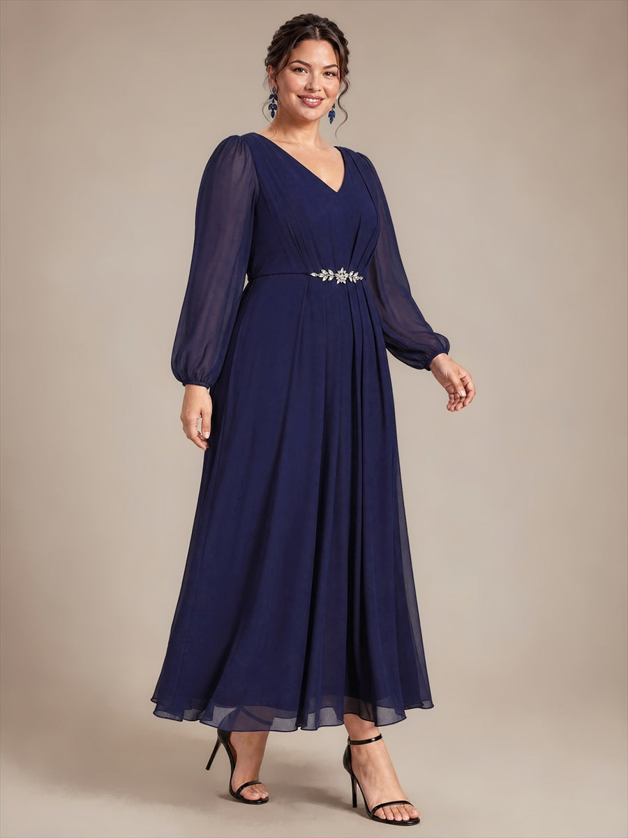 Pleating Chiffon Puff Sleeve Mother of the Bride Dress #color_Navy Blue