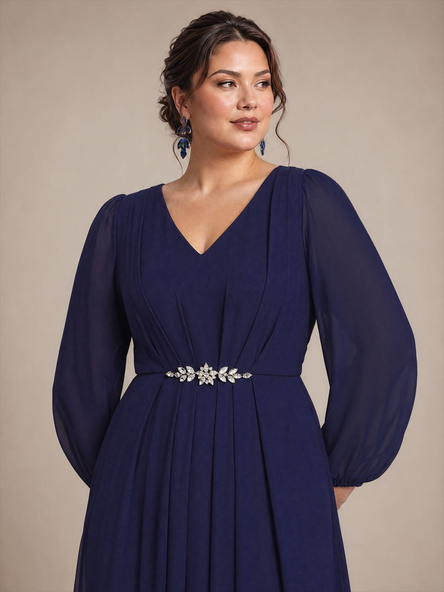 Pleating Chiffon Puff Sleeve Mother of the Bride Dress #color_Navy Blue