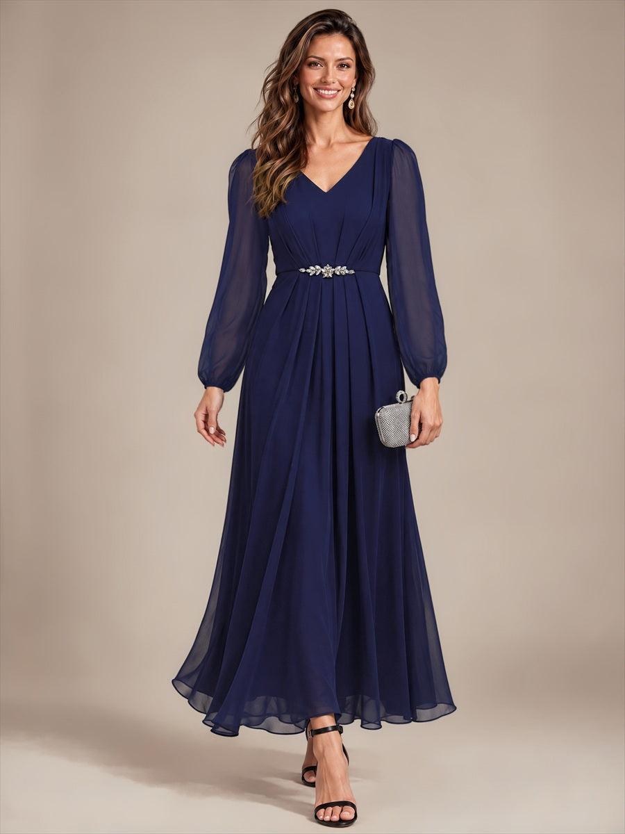Pleating Chiffon Puff Sleeve Mother of the Bride Dress #color_Navy Blue