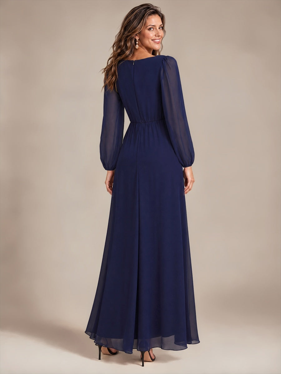 Pleating Chiffon Puff Sleeve Mother of the Bride Dress #color_Navy Blue