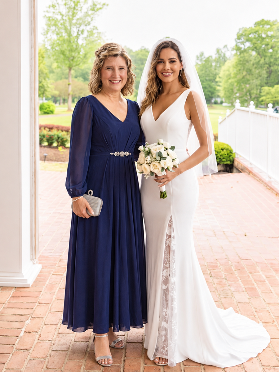 Pleating Chiffon Puff Sleeve Mother of the Bride Dress #color_Navy Blue