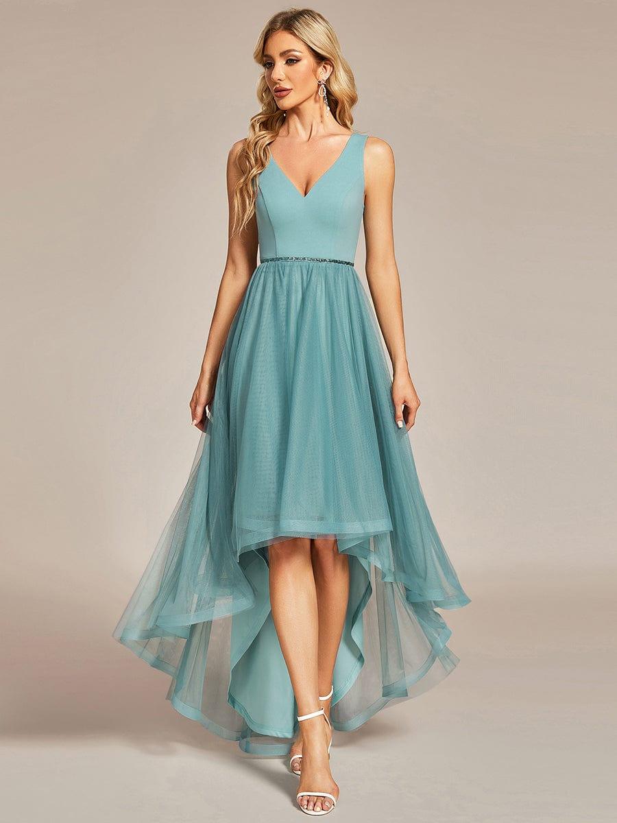 Sleeveless Tulle High Low Prom Dress with Waist Chain #color_Dusty Blue Sleeveless Tulle High Low Prom Dress with Waist Chain