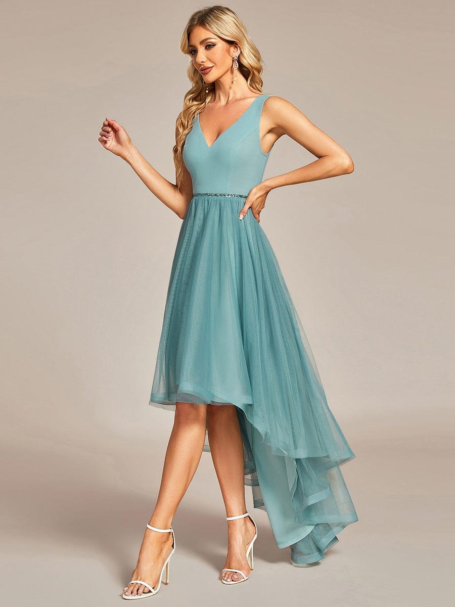 Sleeveless Tulle High Low Prom Dress with Waist Chain #color_Dusty Blue Sleeveless Tulle High Low Prom Dress with Waist Chain