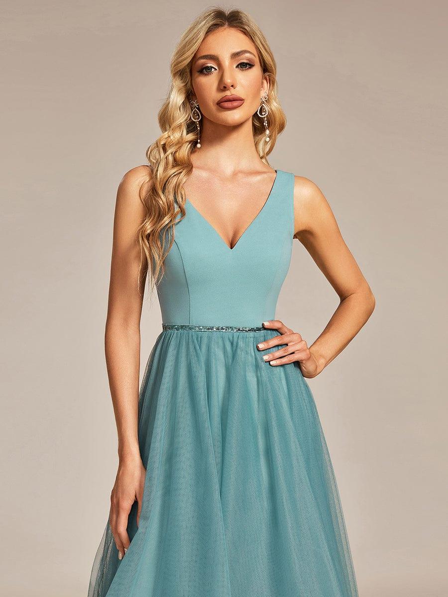 Sleeveless Tulle High Low Prom Dress with Waist Chain #color_Dusty Blue Sleeveless Tulle High Low Prom Dress with Waist Chain