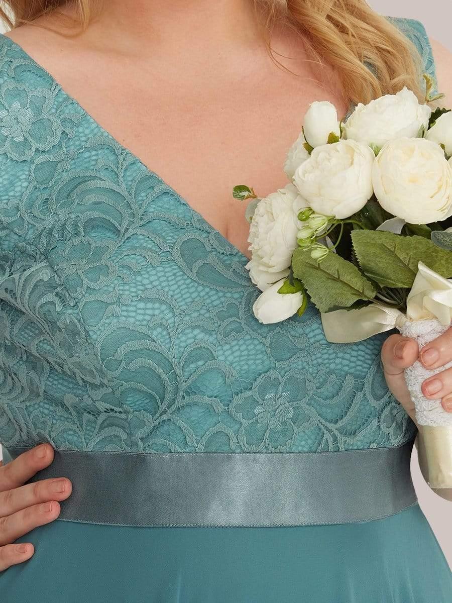 Plus Size Stunning V Neck Lace & Chiffon Prom Dress for Women #color_Light Teal