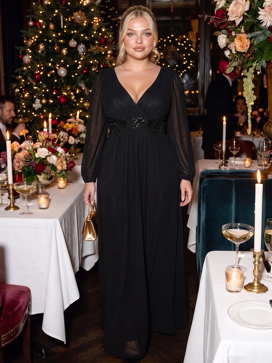Elegant Chiffon V-Neckline Long Sleeve Formal Evening Dress #color_Black