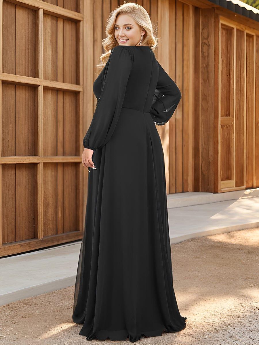 V-Neck Long Split Sleeve Empire Waist Applique Wedding Dress #color_Black