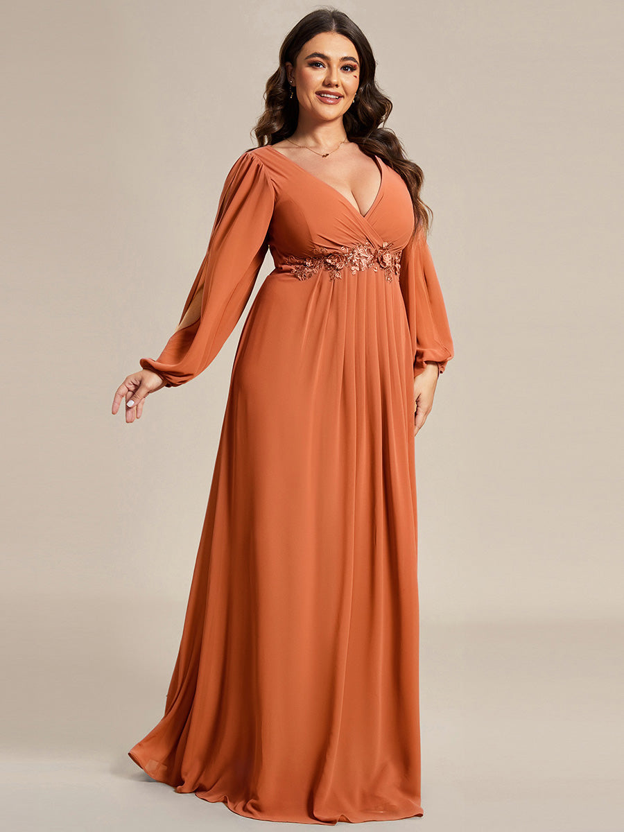 Elegant Chiffon V-Neckline Long Sleeve Formal Evening Dress #color_Brandied Melon