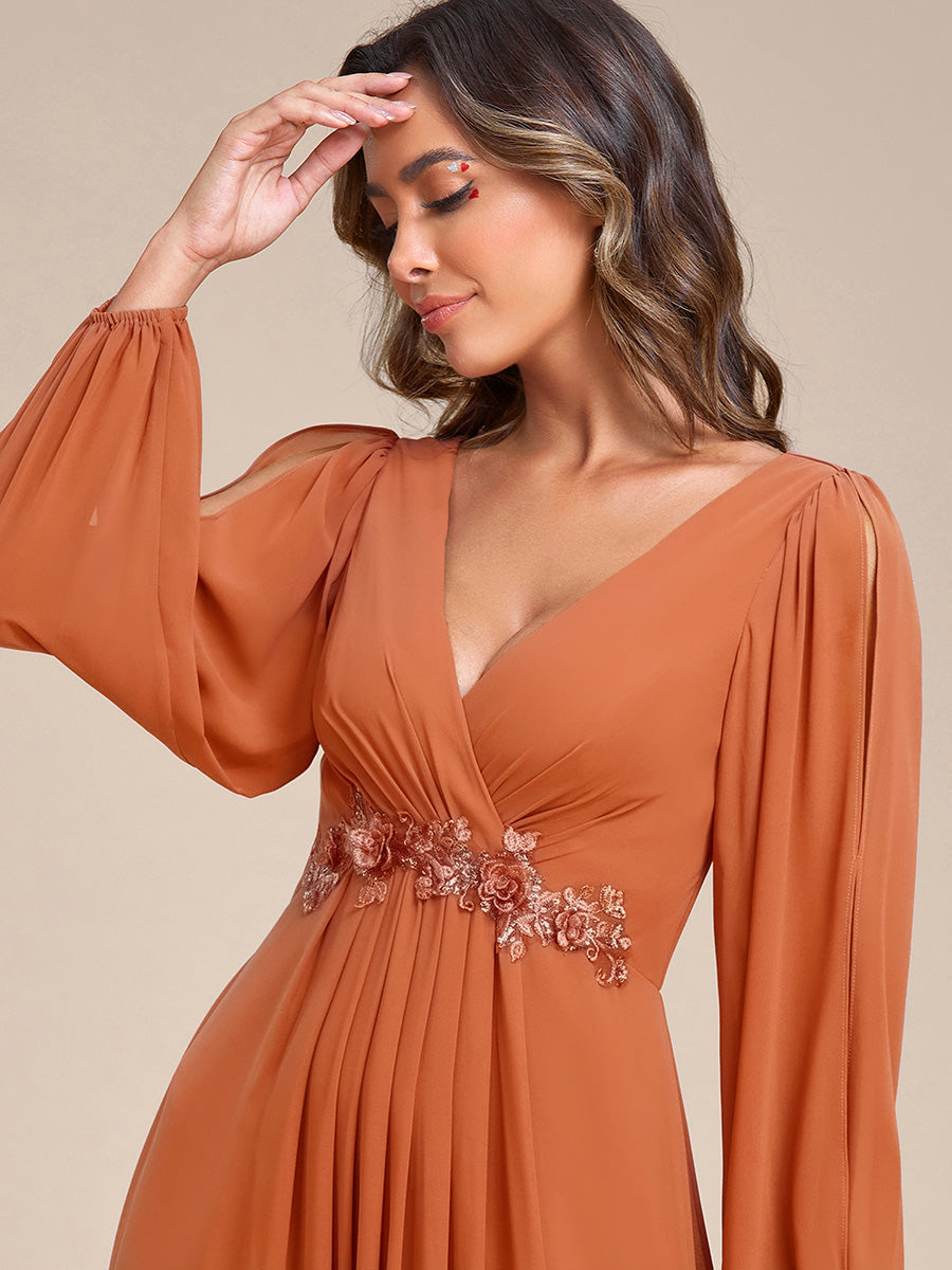 Elegant Chiffon V-Neckline Long Sleeve Formal Evening Dress #color_Brandied Melon